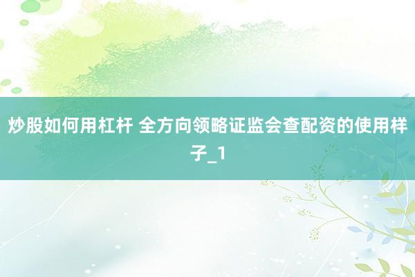炒股如何用杠杆 全方向领略证监会查配资的使用样子_1